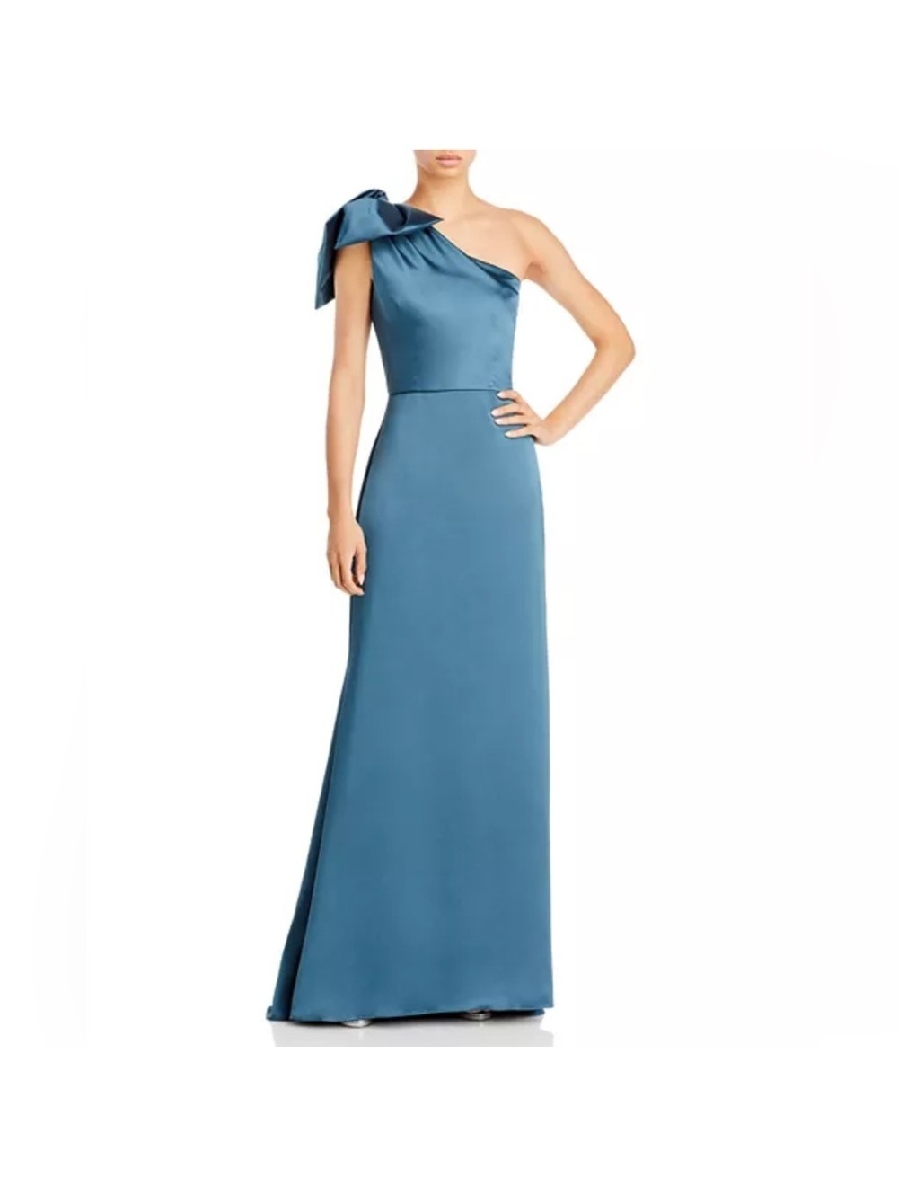 Amsale One-Shoulder Fluid Satin A-Line Gown in Petrol Green, Size 6, NEW